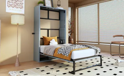 Produktbild von Murphy-Bett 90x200 cm Klappbett mit Lattenrost Wandklappbett Schrankbett Platzsparendes Gästebett Metallrahmen & MDF Weiß/Grau Stabil Geräuschlos Belastbarkeit 120kg