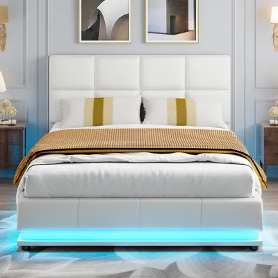 Image de Lit Double 140x190 Cm, Avec Éclairage LED, Lit Avec Sommier Et Rangement, Pu, Blanc