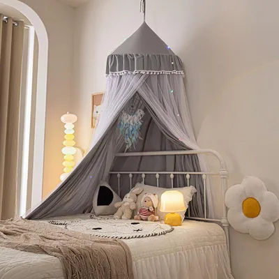 Produktbild von 65x270cm Moskitonetz Bett Kinder Grau Kinderbett Betthimmel Pompom Doppelstöckiges Moskitonetz Betthimmel