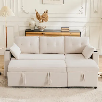 Produktbild von Merax Ecksofa, L-Form Sofa mit Schlaffunktion und Bettkasten, Couch mit Getränkehalter, 3-Sitzer Wohnzimmersofa, Couchgarnitur, Bettsofa, Beige