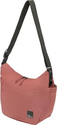 A studio shot of a red shoulder bag against a white background.