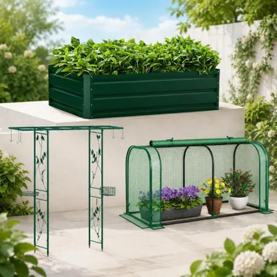 Produktbild von Mini-Gewächshaus-Gärtner-Set (3-teilig) – Mini-Gewächshaus, Pflanzkübel aus Stahl & Vogelhäuschen-Bogen