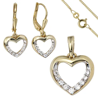 Produktbild von JOBO Schmuck-Set 333 Herz Gold Gelbgold Zirkonia Ohrringe Anhänger und Kette 42 cm