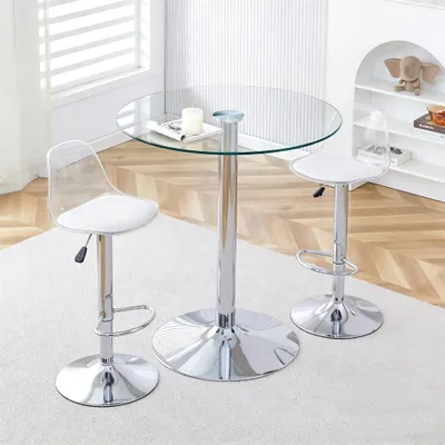 Image de Ensemble de bar modulable : table en verre de 89 cm + 2 tabourets de bar pivotants et réglables en hauteur, avec pieds argentés. Face extérieure transparente, rotation à 360°