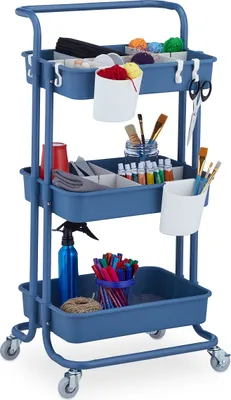 Immagine prodotto di Carrello Relaxdays, 3 ripiani, carrello multiuso, per hobby, ufficio, bagno, cucina, HBT 86x43x42 cm, metallo e plastica, blu