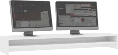 Two computer monitors are placed on a white monitor stand.