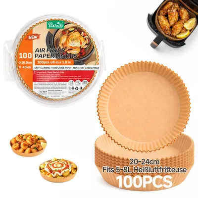 Produktbild von Rundes Backpapier für Heißluftfritteuse - Antihaftbeschichtet - 100 Stück - 20-24 cm