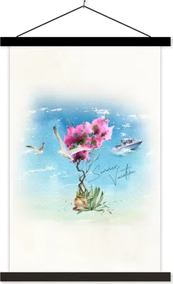 Produktbild von MuchoWow® Textilposter Blume - Boot - Aquarell 60x90 cm mit schwarzem Rahmen - Poster Wohnzimmer