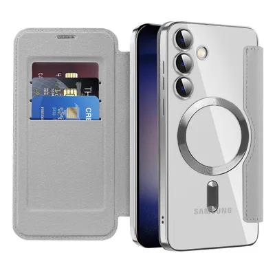Image de Etui pour Samsung Galaxy S24+ compatible avec MagSafe, étui transparent avec porte-cartes, étui en cuir avec protection de l'appareil photo Argent