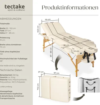 Produktbild von Tectake Massageliege klappbar, beige Kunstleder, Maße 218x102x90 cm, Arbeitshöhe 70 cm, wasser- und ölresistent, Oxford 600D sehr stark, seitliche Kopfstützenhalterung