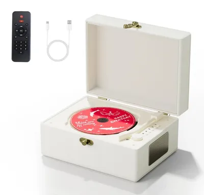 Immagine prodotto di Lettore CD in pelle ricaricabile con altoparlanti, trasmettitore Bluetooth, ideale come regalo per festival, lettore audio per l'arredamento della casa, colore bianco