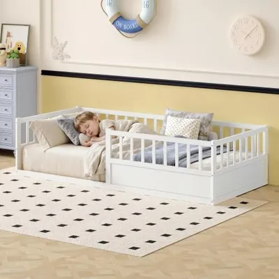 Produktbild von Massivholz Kinderbett Bodenbett 90x200 cm mit Rausfallschutz & Lattenrost, Montessori Bett Gitterbett mit offener Seite, Kiefer Einzelbett in Weiß