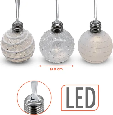 Obrázek produktu pro LED vánoční koule satinovaná 8 cm včetně baterie – sada 3 ks – plastové koule na stromeček s teplým bílým osvětlením