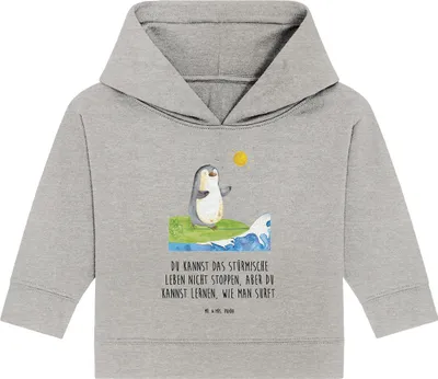 Produktbild von Mr. & Mrs. Panda Organic Baby Hoodie Pinguin Surfer 24. - 36. Monat - Heather Grey - Geschenk, Portugal, Hawaii, Kapuzensweatshirt, Urlaub, Motiviert, Kapuzenshirt