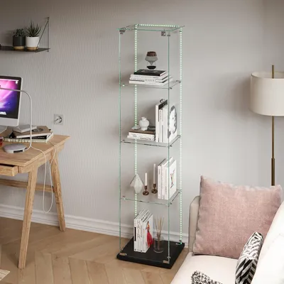 Produktbild von Glas Vitrinenschrank - Sammelvitrine Wohnzimmer - LED Beleuchtung - abschließbar - 1 Tür 4 Böden - 163×40×35 cm - Schwarz A