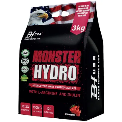 Produktbild von MONSTER Hydro Whey Isolat 3kg Erdbeere | High Protein Eiweißpulver für Muskelaufbau & Regeneration | Black Hammer USA