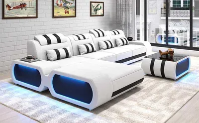 Image de Ensemble d'angle, canapé d'angle en forme de L, canapé en cuir, sofa, canapé blanc, design de luxe