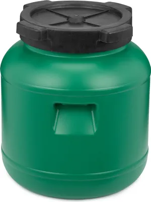 A green plastic barrel with a black lid, shown against a white background.