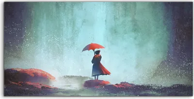 Produktbild von Coloray - Glasbild - 120x60 cm - Wandbild - Glasbilder - Frau mit einem Regenschirm Wasserfall