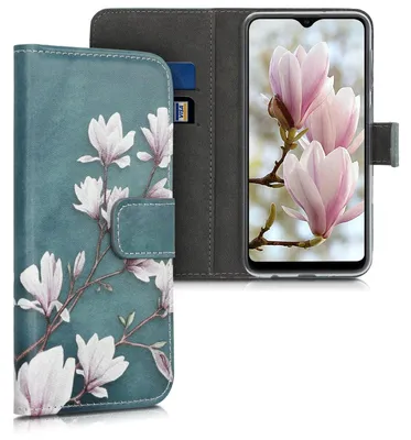 Produktbild von kwmobile Wallet Case kompatibel mit Samsung Galaxy A10 Hülle - Cover mit Ständer und Kartenfächern - Magnolien Taupe Weiß Blaugrau