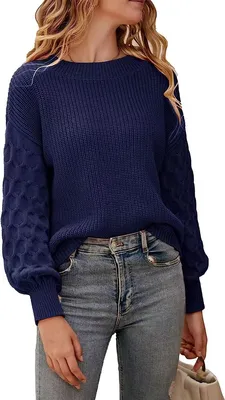Produktbild von ASKSA Damen Pullover Laternenaermeln Strickpullover Rundhals Langarm Pulli Einfarbig Sweater Tops, Dunkelblau, S