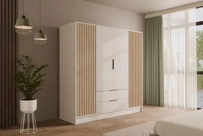 Produktbild von ALTDECOR Kleiderschrank mit selbstschließenden, Lamellentüren, Lamellen, Flügeltüren - NELIA - 200 cm Weiß / Artisan