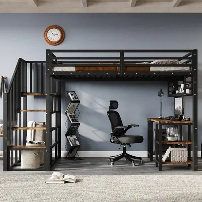 Immagine prodotto di Letto a soppalco 120x200 cm, nero effetto noce scuro, in metallo e legno composito, con scrivania e scaffale, ideale per la camera da letto