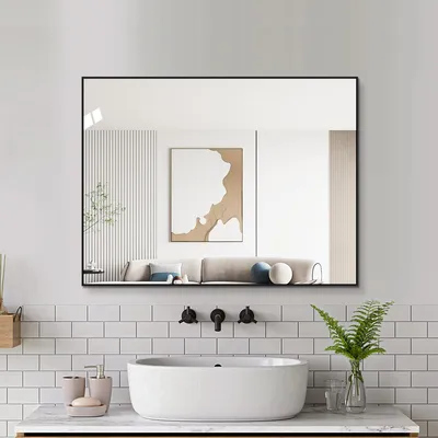 Image de Miroir mural avec cadre en aluminium noir, miroir de salle de bains, 60 x 80 cm, noir