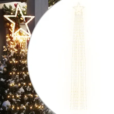 A star-shaped light decoration with cascading lights, shown against a white background and partially overlaid on a festive Christmas tree.