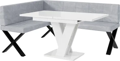 Produktbild von MEBLINI Eckbank für Esszimmer mit ausziehbarem Tisch  - Küchenbank - Essecke - Sitzecke Küche - PETER - X-Beine 128x168x87cm Links - Hellgrau Samt/M Weiß Hochgl.