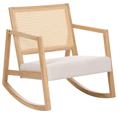 Produktbild von BELIANI Schaukelsessel Hellbraun u. Hellbeige aus Gummibaumholz Wiener Geflecht Massivholz Stoff Gepolstert Modern Schaukelstuhl Wohnzimmer