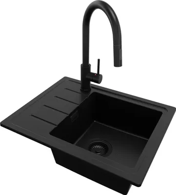 A black kitchen sink with a black faucet against a white background.