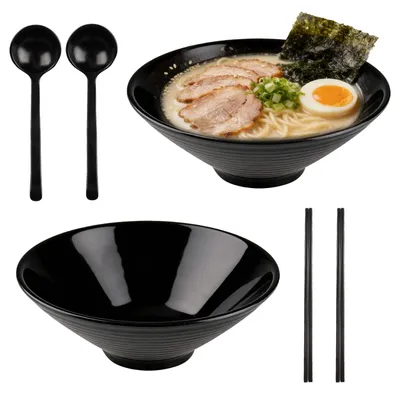 Japanische Ramen-Kommen Set 2er, 1000 ml, mit Löffel & Stäbchen, schwarz