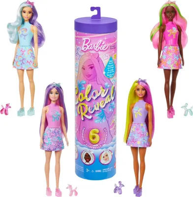 Four Barbie dolls and a Barbie Color Reveal tube are displayed against a white background.