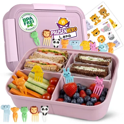 Produktbild von Pausenhero Brotdose Kinder mit Fächern [Obstgabeln + Sticker Set Rosa] Brotdose Schule Snackbox mit Fächern Bento Box Lunchbox Kinder Lunchbox