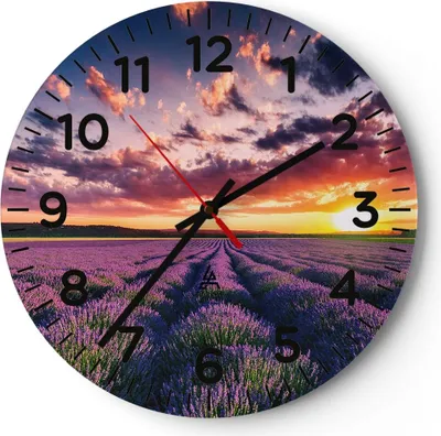 Produktbild von Wanduhr - Rund - Glasuhr - Lavendel Berge Feld - 30x30cm - Schleichendes Uhrwerk - Lautlos - zum Aufhängen bereit - Dekoration Modern - Wanddekoration aus Glas - C4AR30x30-3816