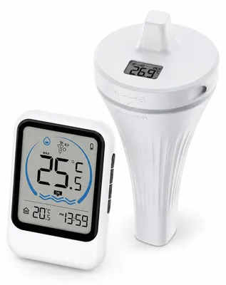 Produktbild von Digitales Poolthermometer mit Funk Sensor, Pool Temperaturmesser mit LCD Innenanzeige, schwimmend & wasserdicht IP68 für Gartenpool und Whirlpool