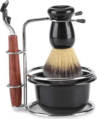 Zdjęcie produktu dla 4Pcs Zestaw do golenia Ręczna brzytwa Stainess Stalowy stojak Uchwyt Pędzel Miska Zestaw