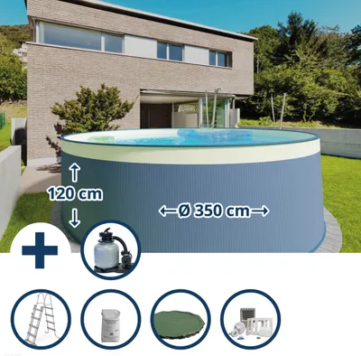 Produktbild von Stahlwandpool Set (6-teilig) hoch rund 350 x 120 cm, Stahl 0,4 mm anthrazit Folie 0,3 mm sand
