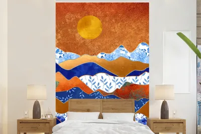 Produktbild von MuchoWow® Fototapete für Wohnzimmer oder Schlafzimmer Wandtapete Vinyl Motivtapete Gold - Delfter Blau - Blumen - 180x280 cm - Wallpaper