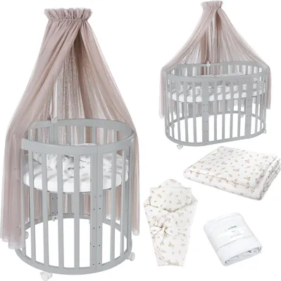 Produktbild von Waldin Babybett OWAL Kinderbett 7in1 mit Matratze, mitwachsendes Kinder-Bett,Stoffe Taupe Zweige,Holz grau