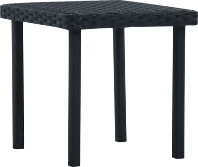 A black rattan garden side table with four legs, shown from the front on a white background.