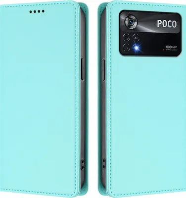 Obrázek produktu pro Kožené pouzdro pro Xiaomi Poco X4 Pro 5G, magnetické flipové pouzdro zPolyuretankůže se stojánkem Mátově zelená