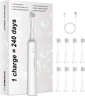 Produktbild von HYCHIKA Elektrische Schallzahnbürste mit 240 Tage Akku, 8 Bürstenköpfen, 3 Modi und USB-C für Erwachsene