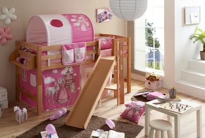 Produktbild von Podestbett mit Rutsche "Tino" Buche Natur Motiv (Horse (Pink))