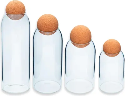 Produktbild von Intirilife Aufbewahrungsbehälter Set aus Glas mit Kork-Kugel 4-teiliges Set - 1.2 L / 930 ml / 670 ml / 400 ml Füllmenge - Vorratsbehälter Glasdosen für Lebensmittel Süßigkeiten Gewürze Kaffee Zucker