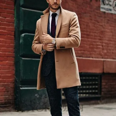 Obrázek produktu pro ASKSA Pánský zimní vlněný kabát, dlouhý Slim Fit Business Jacket, Khaki, M