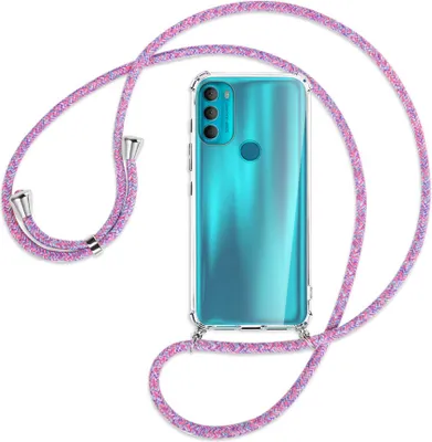 Produktbild von Handykette Backcover-Schutzhülle mit Band (Metall silberfarben) für Motorola Moto G71 5G - lila/rosa/blau