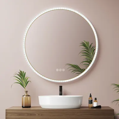 Produktbild von EMKE LED Badspiegel Rund 60cm mit Beschlagfrei und 3 Lichtfarben, Golden Badezimmerspiegel dimmbar Wandspiegel mit Touchschalter, Speicherfunktion, 3 stunden Energieeinsparung