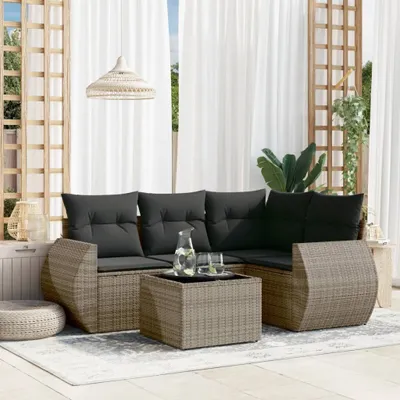 Produktbild von Design 5-tlg. Garten-Sofagarnitur mit Kissen Grau Poly Rattan, Gartenmöbel-Sets 2024 Neu